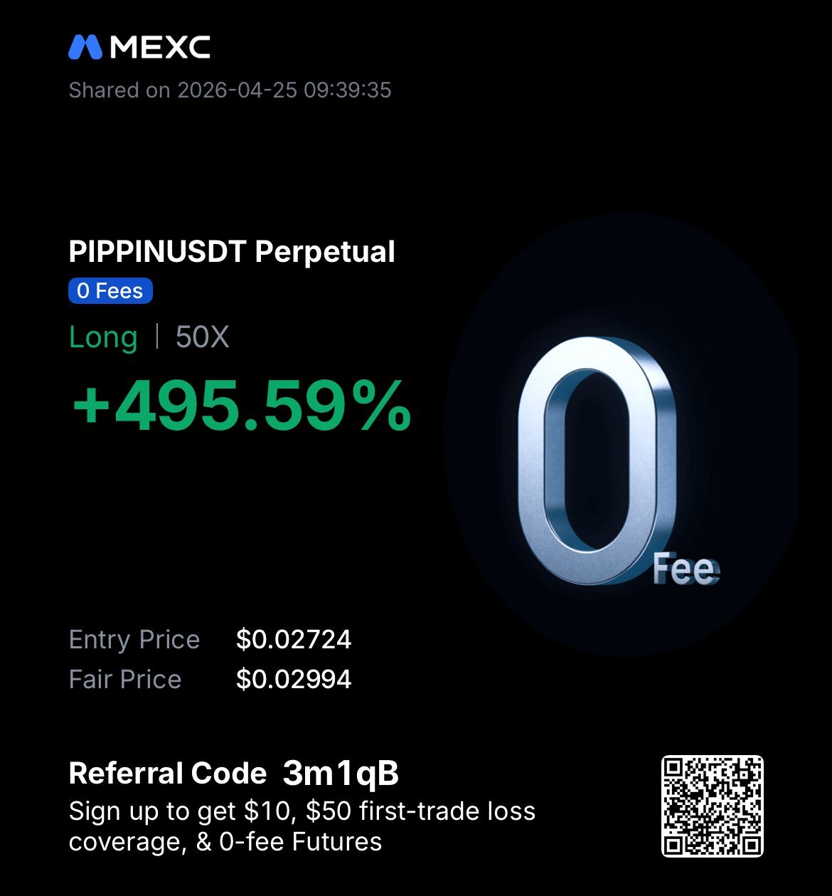 PIPPINUSDT +495.59% Long 50x